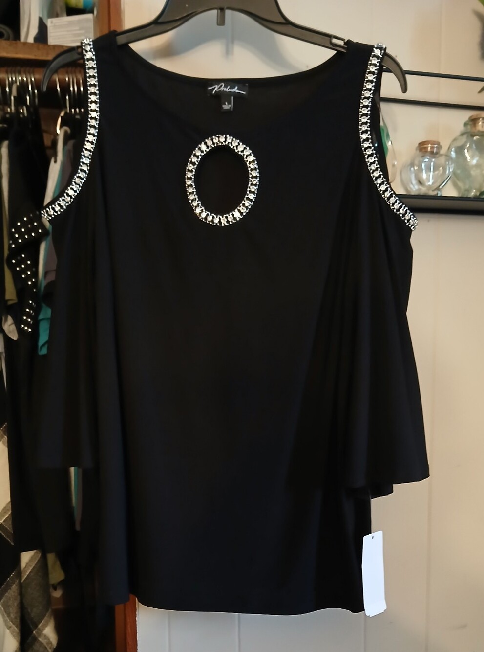 Prelude Black Open Shoulder 3/4 Length Sleeves..rinestones Around Both Shoulders
